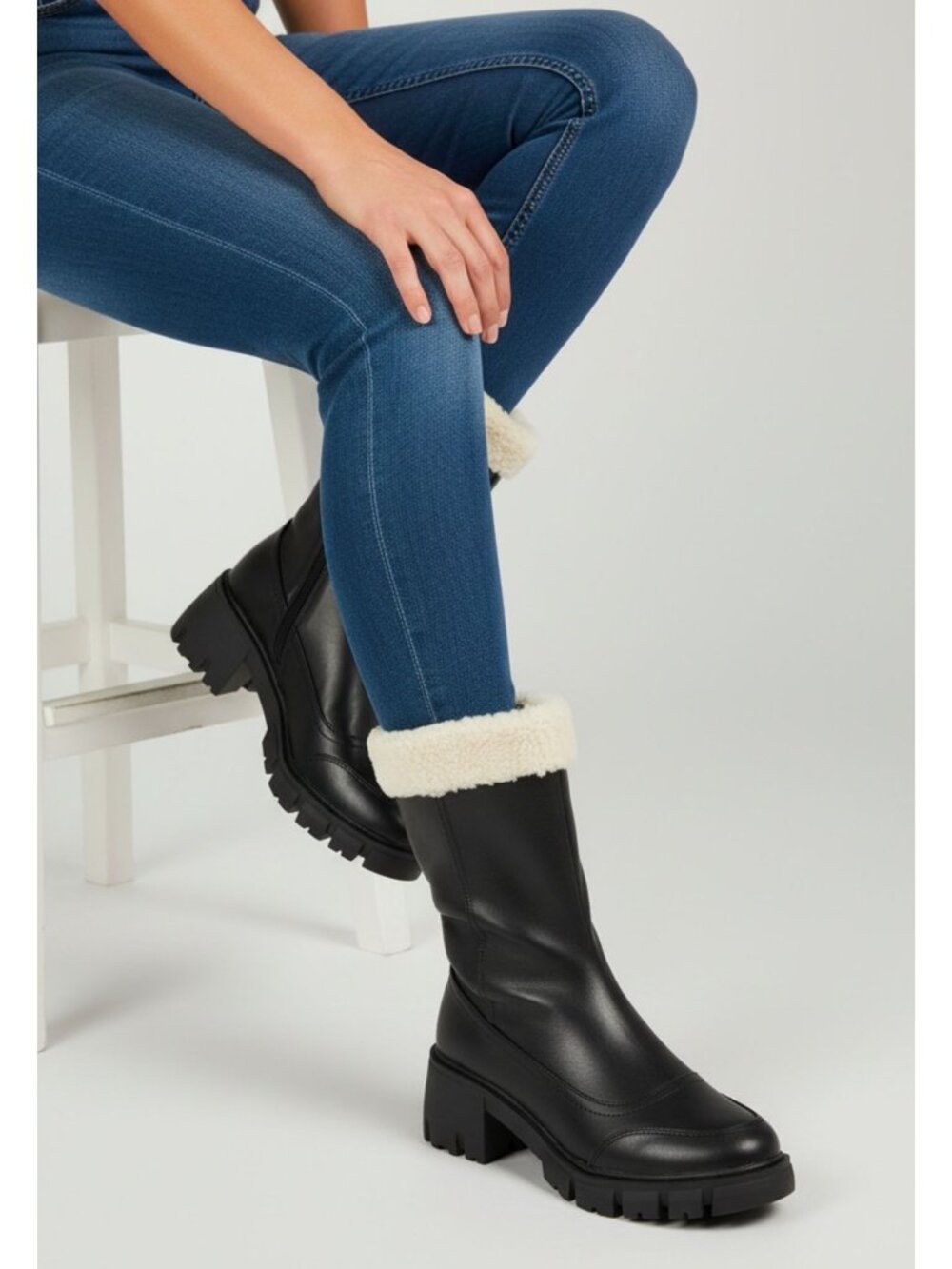 Black Mid-Calf Platform Boots With Shearling Trim & Side Zipper Closure